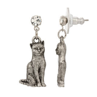 Thumbnail 1: 1928 Jewelry Pewter Cat Earrings With Glass Crystal Post 