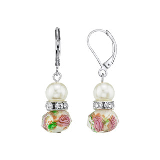 Thumbnail 1: 1928 Jewelry Silver Tone Faux Pearl Pink Green Beaded Drop Wire Earrings 