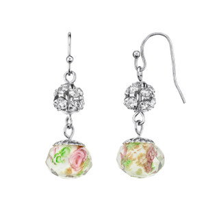 Thumbnail 1: 1928 Jewelry Silver Tone Crystal Pink Flower Beaded Drop Wire Earrings 
