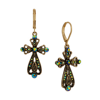 Thumbnail 1: 1928 Jewelry AB Crystal Blue Stone Filigree Cross Lever Back Earrings 