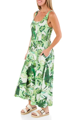 Thumbnail 2: MELLODAY Women's Sleeveless Palm Print Midi Dress 