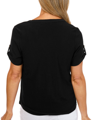 Thumbnail 3: Love Scarlett Women's Short Sleeve Buckle Henley Neck Top 