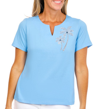 Thumbnail 1: Coral Bay Petite Short Sleeve Palm Tree Bling Tee 
