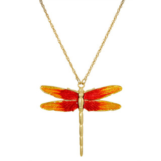 Thumbnail 1: 1928 Jewelry Gold Tone Orange Enamel Dragonfly Pendant Necklace 