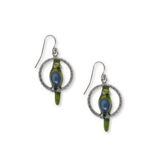 Thumbnail 1: 1928 Jewelry Pewter Hoops with Blue Green Enamel Parrot Earrings 