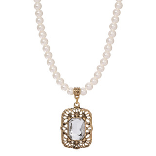 Thumbnail 1: 1928 Jewelry Vintage Gold Tone Faux Pearl Octagon Drop Necklace 