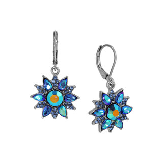 Thumbnail 1: 1928 Jewelry Silver Tone AB Crystal Blue Stone Flower Lever Back Earring 