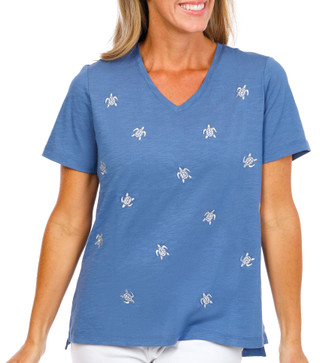 Thumbnail 4: Coral Bay Women's Embroidered Turtle V-Neck Top 