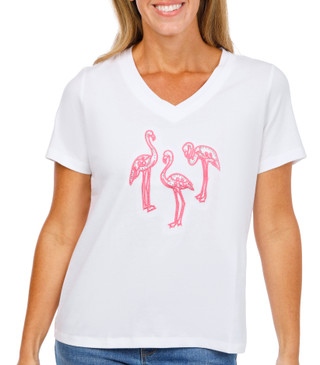 Thumbnail 1: Coral Bay Petite Short Sleeve Embroidered Flamingo Top 