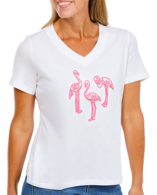 Thumbnail 4: Coral Bay Petite Short Sleeve Embroidered Flamingo Top 