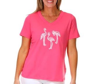 Thumbnail 1: Coral Bay Petite Short Sleeve Embroidered Flamingo Top 