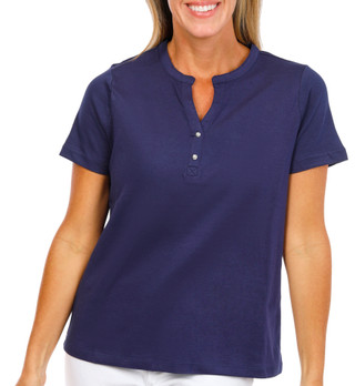 Thumbnail 1: Coral Bay Petite Short Sleeve Half Dome Button Henley Top 