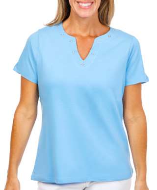 Thumbnail 2: Coral Bay Petite Short Sleeve Grommet Neck Top 