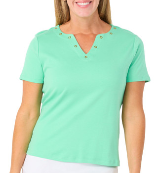 Thumbnail 1: Coral Bay Petite Short Sleeve Grommet Neck Top 