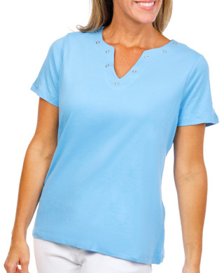 Thumbnail 1: Coral Bay Petite Short Sleeve Grommet Neck Top 