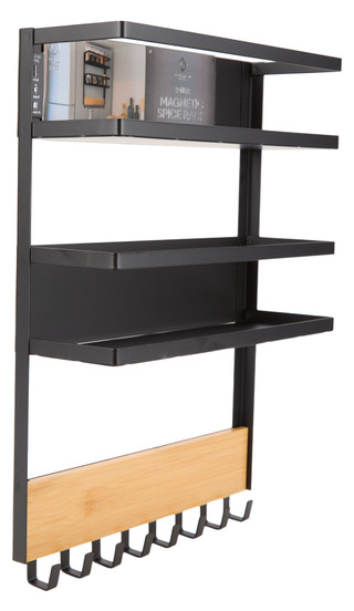 Thumbnail 2: GOURMET KITCHEN 2 Tier Bamboo & Steel Magnetic Spice Rack with Hooks 