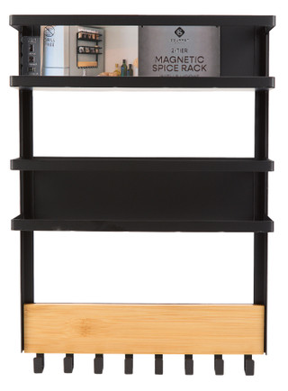 Thumbnail 1: GOURMET KITCHEN 2 Tier Bamboo & Steel Magnetic Spice Rack with Hooks 