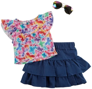 Thumbnail 1: BADGLEY MISCHKA Little Girls 3 Pc Butterfly Shirt & Denim Skirt Set 