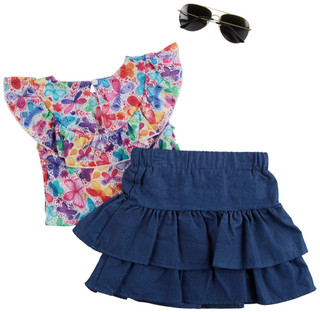 Thumbnail 2: BADGLEY MISCHKA Little Girls 3 Pc Butterfly Shirt & Denim Skirt Set 