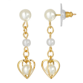 Thumbnail 1: 1928 Jewelry Gold Tone Double Pearl Drop Heart Earrings 