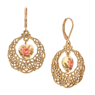 Thumbnail 1: 1928 Jewelry Gold Tone Round Filigree Heart Drop Lever Back Earrings 