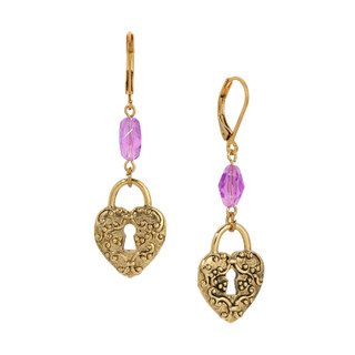 Thumbnail 1: 1928 Jewelry Gold Tone Filigree Heart Purple Beads Lever Back Earrings 