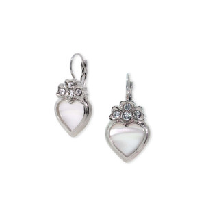 Thumbnail 1: 1928 Jewelry Silver Tone Crystal Mother of Pearl Heart Lever Back Earrings 