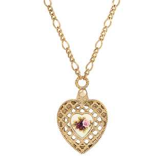 Thumbnail 1: 1928 Jewelry  Gold Tone Pink Flower Decal Heart Mirror Pendant Necklace 