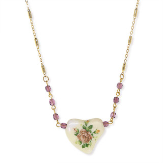 Thumbnail 1: 1928 Jewelry Purple Beaded White Heart Pink Floral Decal Necklace 
