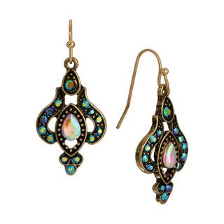 Thumbnail 1: 1928 Jewelry Gold Tone AB Crystal Blue Stone Teardrop Wire Earrings 