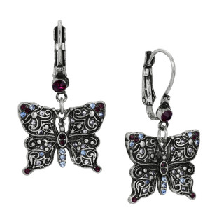 Thumbnail 1: 1928 Jewelry Silver Tone Butterfly Multi Colored Stone Lever Back Earrings 