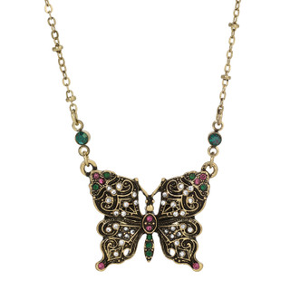 Thumbnail 1: 1928 Jewelry Gold Tone Filigree Butterfly Multi Stone Necklace 