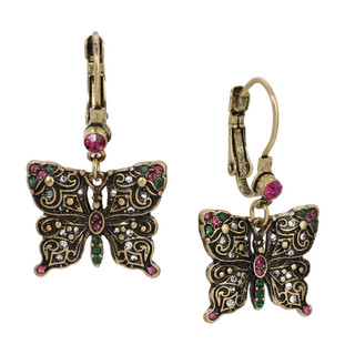Thumbnail 1: 1928 Jewelry Gold Tone Filigree Butterfly Fuchsia Green Stones Earrings 