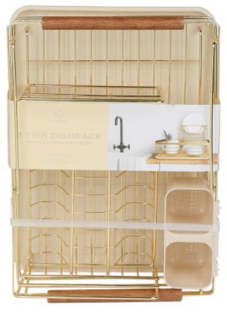 Thumbnail 1: GOURMET KITCHEN 2 Pc 2 Tier Rust Resistant Dishrack with Acacia Handles 