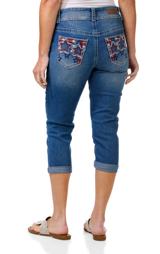 Thumbnail 1: Copper Flash Women's Americana 5 Pocket Stars & Bling Back Cuffed Capris 