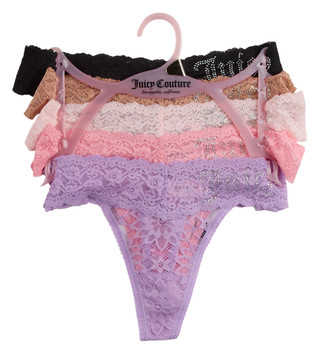 Thumbnail 1: Juicy Couture Juniors 5 Pk Lacey Rhinestone Logo Thong Panties 