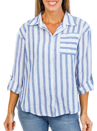 Thumbnail 1: Cavalini Women's Stripe Print Button Down Top  