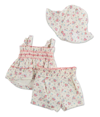 Thumbnail 2: B Tween Baby Baby Girls 3 Pc Smock Top Shorts Set with Hat 