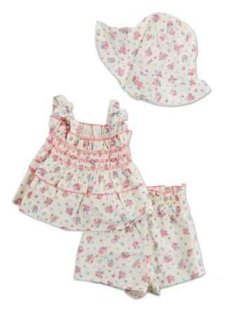 Thumbnail 1: B Tween Baby Baby Girls 3 Pc Smock Top Shorts Set with Hat 