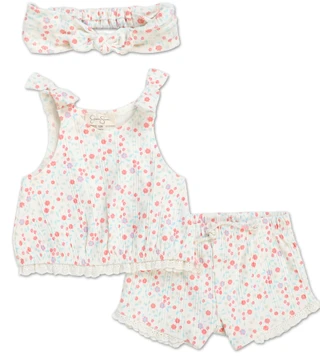 Thumbnail 1: Jessica Simpson Baby Girls 3 Pc Lace Trimmed Shorts Set with Bow Headband 