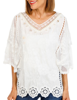 Thumbnail 1: Ana & Rose Women's Short Sleeve Crochet Shell Trim Top 