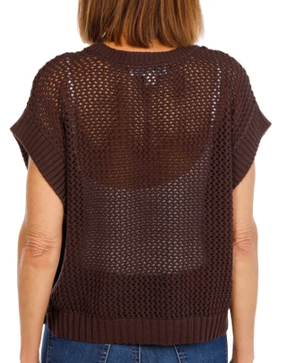 Thumbnail 4: BUNULU Women's Short Sleeve Crochet Sweater Top 