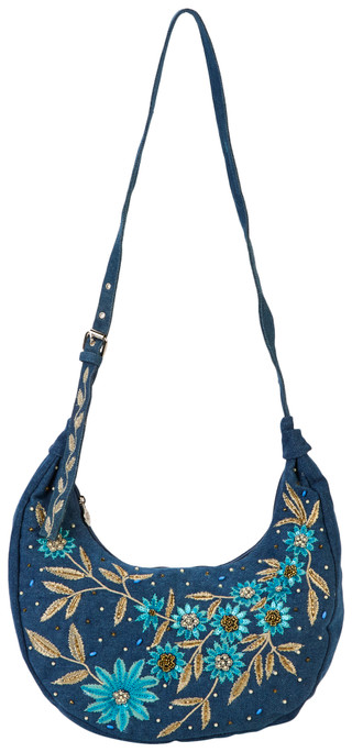 Thumbnail 1: America & Beyond Denim Floral Embellished Hobo Bag 