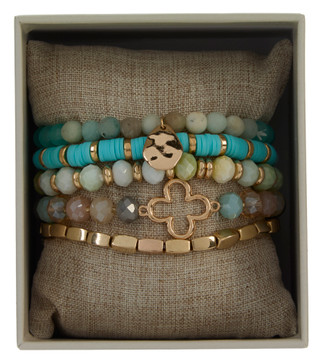 Thumbnail 1: Nicole Miller 5 Pk Turquoise Clover Stretch Bead Bracelets 