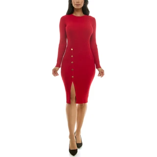 Thumbnail 1: Nina Leonard Women's Solid Front Slit Long Sleeve Sweater Dress 