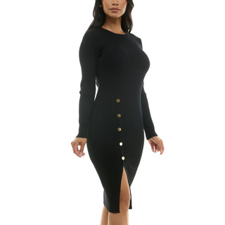 Thumbnail 2: Nina Leonard Women's Solid Front Slit Long Sleeve Sweater Dress 
