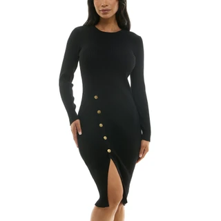Thumbnail 3: Nina Leonard Women's Solid Front Slit Long Sleeve Sweater Dress 