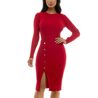 Thumbnail 3: Nina Leonard Women's Solid Front Slit Long Sleeve Sweater Dress 