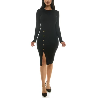 Thumbnail 1: Nina Leonard Women's Solid Front Slit Long Sleeve Sweater Dress 
