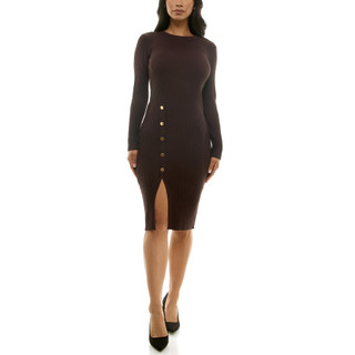 Thumbnail 1: Nina Leonard Women's Solid Front Slit Long Sleeve Sweater Dress 